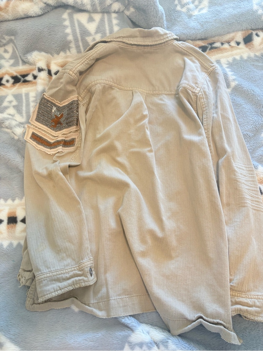 Free People Tan Corduroy Jean Jacket with Embroidered Sleeve Patch - Picture 2 of 5